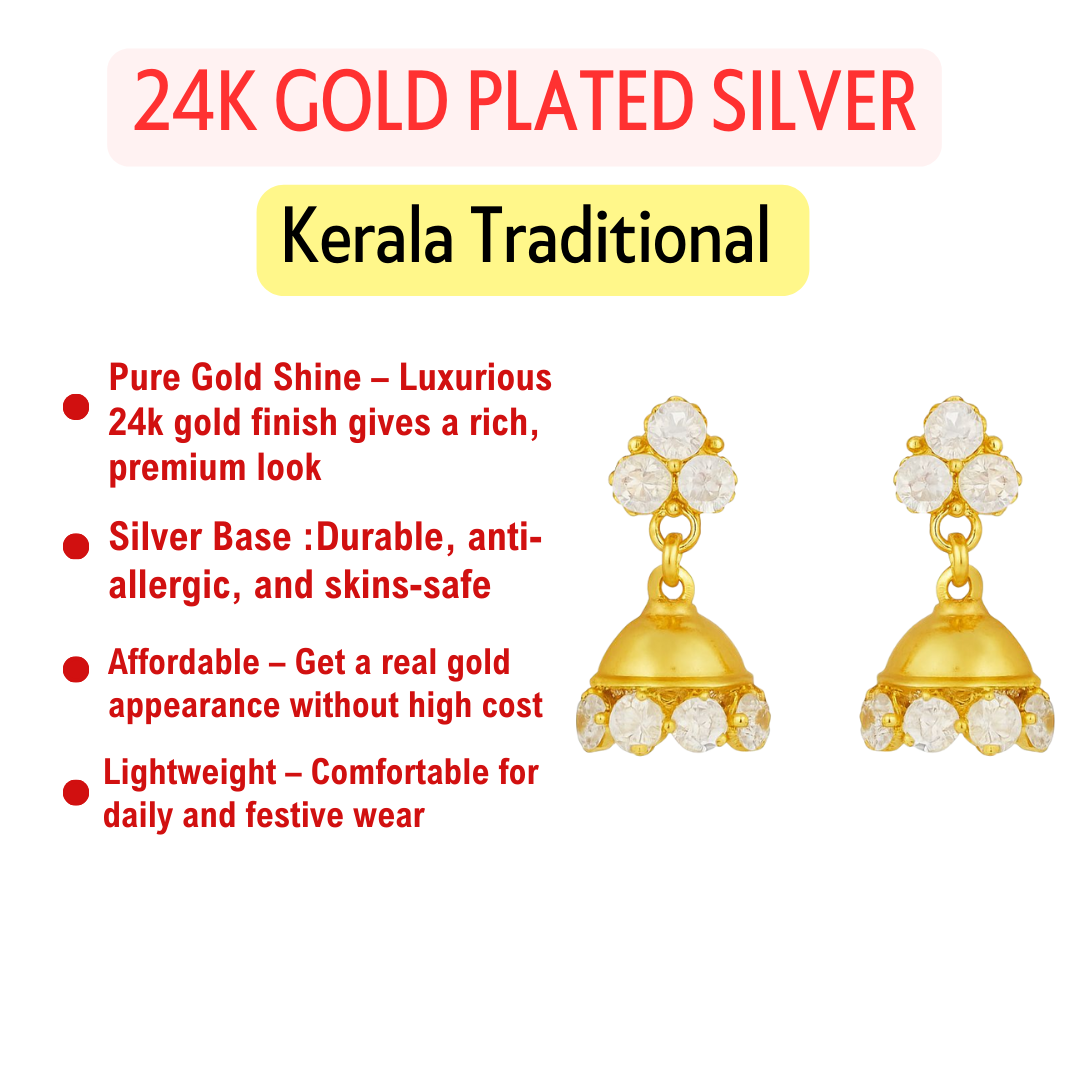 24K Gold Plated Pure Silver Jhumka – Lightweight & Allergy-Free